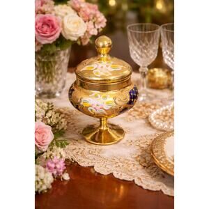 Vintage Bohemian Cobalt Blue & Gold Enamel Glass Covered Jar Goblet– Minor Wear